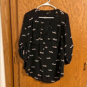 Torrid Black Blouse with White and Red Pattern
